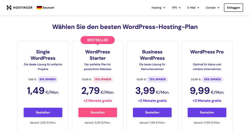 WordPress Hosting Paket bei Hostinger.